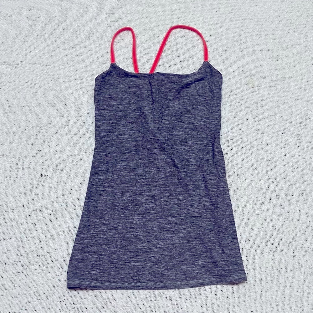 Lululemon Athletica grey strapping built in bra tank with neon pink straps